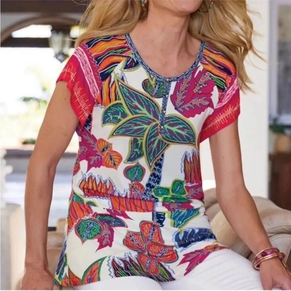 Soft Surroundings Tigerwood Tropical Print Tunic Top Henley Size XL - Picture 1 of 6